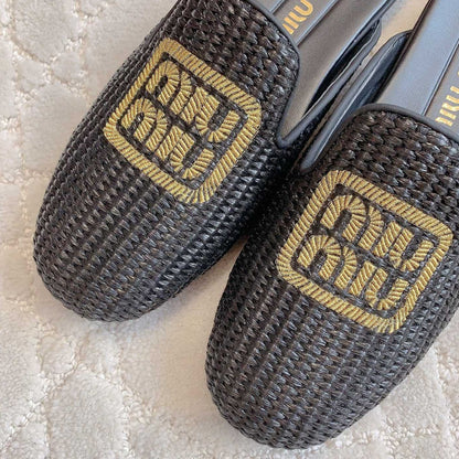 MULES SLIPPERS BLACK STRAW WOVEN