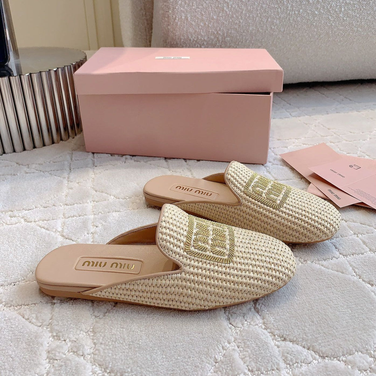 MULES SLIPPERS BEIGE COLOR STRAW WOVEN