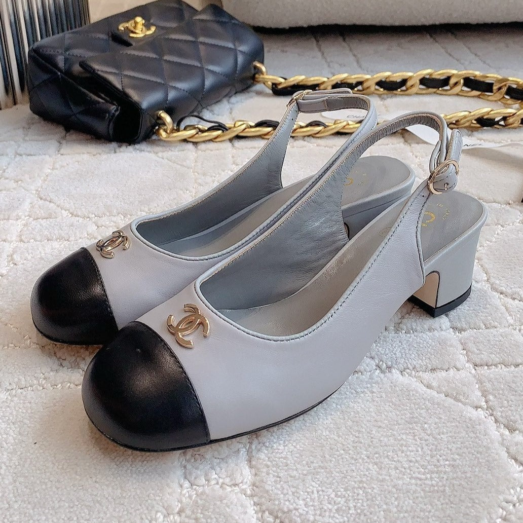 SLINGBACKS IN SLATE GREY MIX BLACK SHEEPSKIN