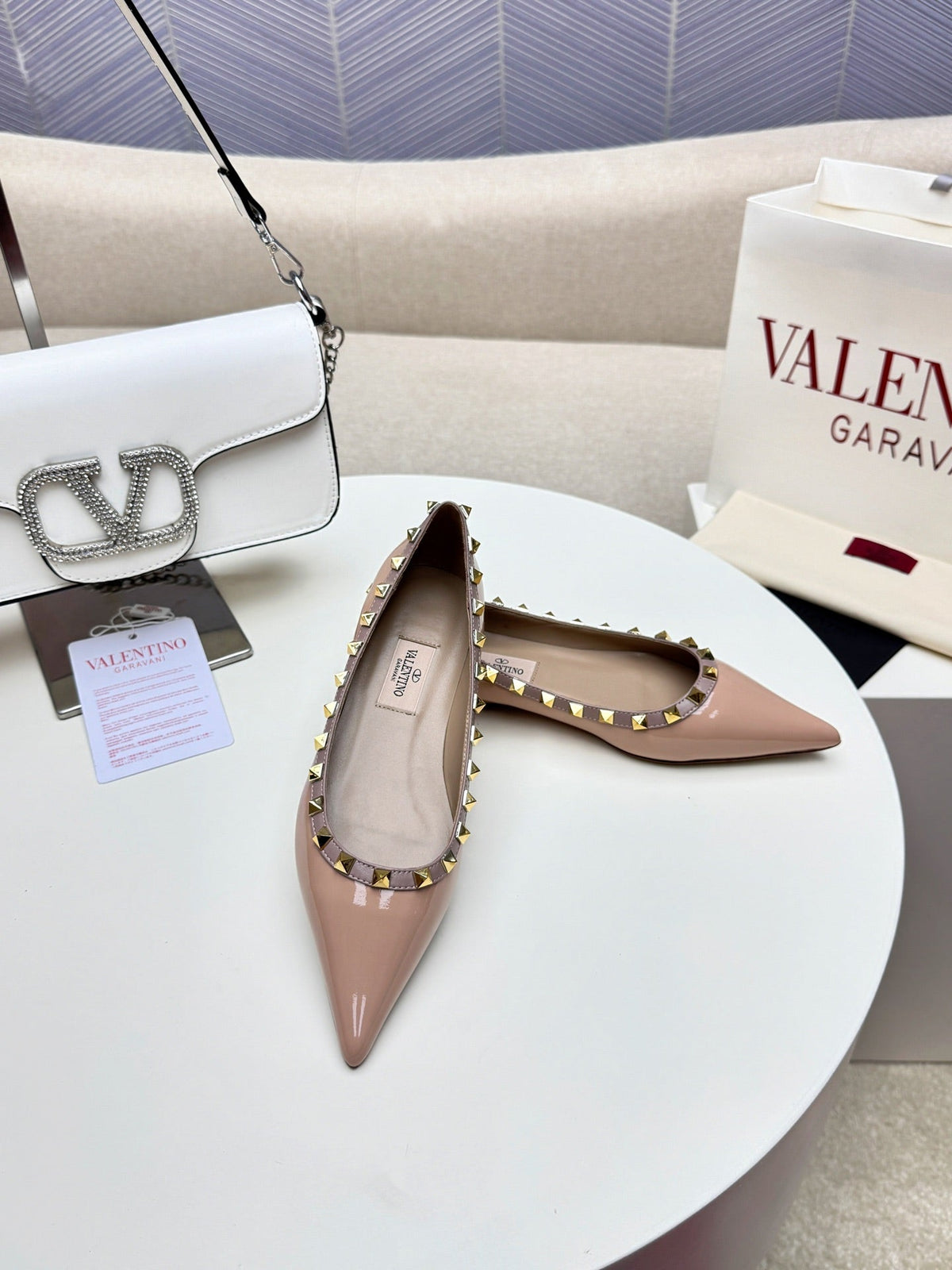 ROCKSTUD FLAT PUMP IN NUDE TAN CALFSKIN