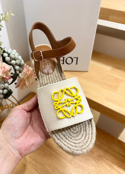 Loew Anagram Yellow logo White Brown Leather And Canvas Espadrille Sandals