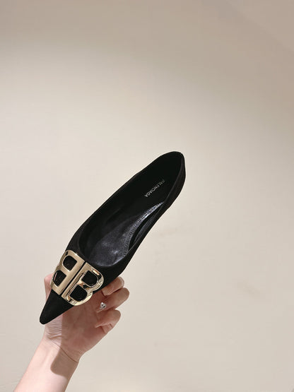 POINTED BB GOLD BUCKLE BALLET FLAT IN BLACK SUEDE