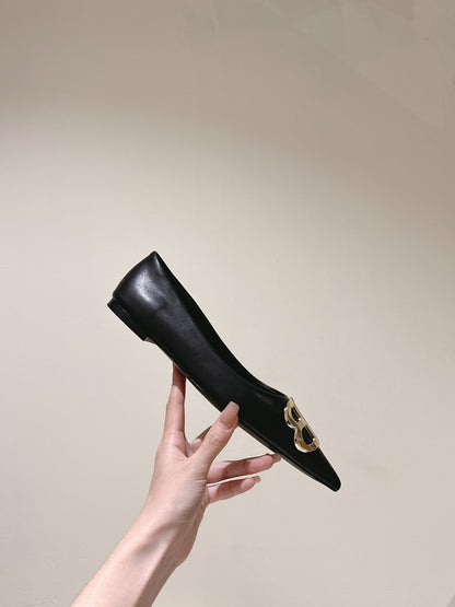 POINTED BB GOLD BUCKLE BALLET FLAT IN BLACK SMOOTH LAMBSKIN