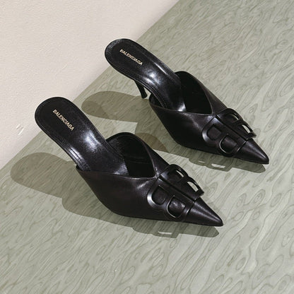 POINTED BB BLACK BUCKLE HIGH MULES IN BLACK SMOOTH LAMBSKIN