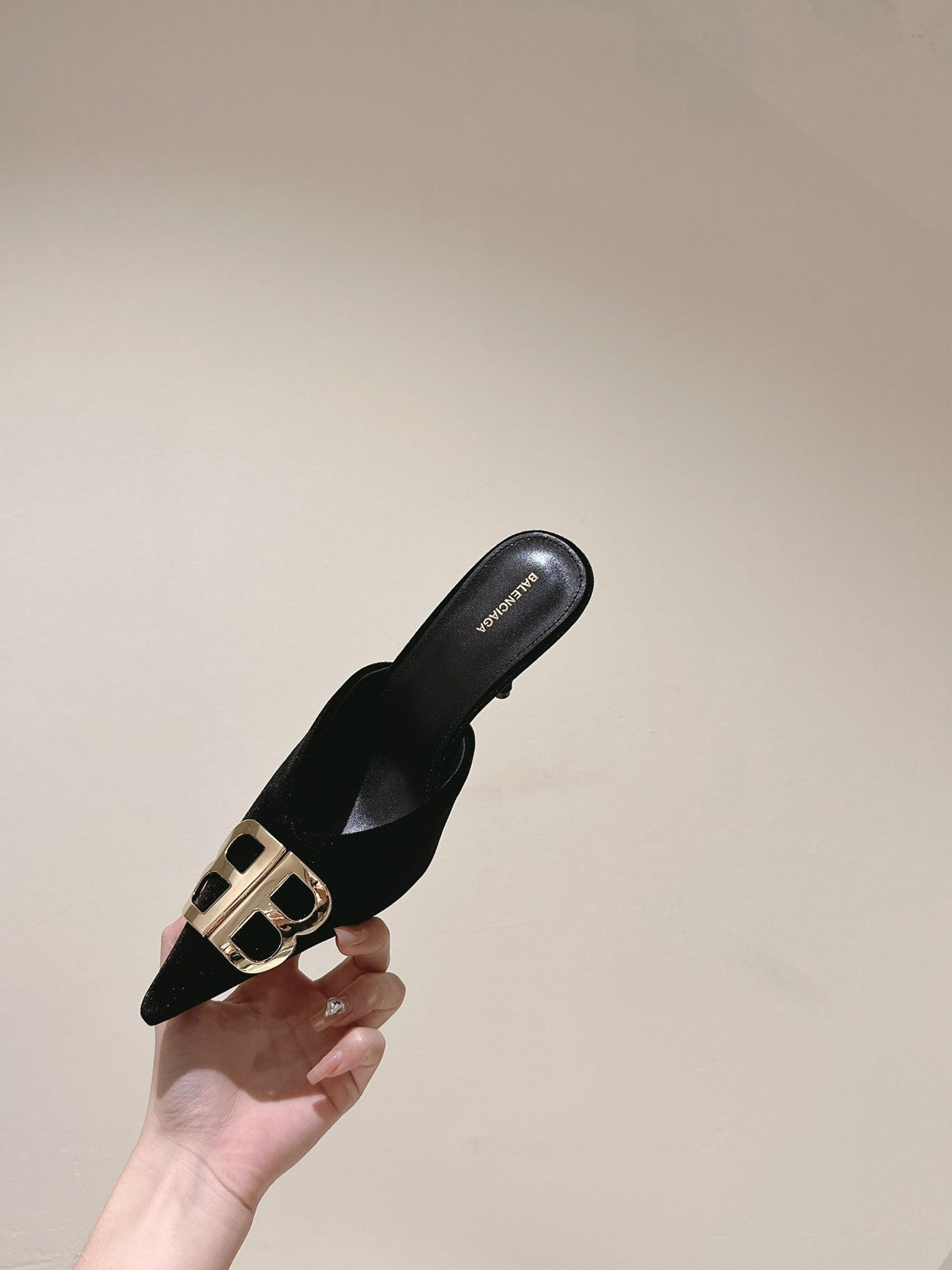 POINTED BB GOLD BUCKLE HIGH MULES IN BLACK VELVET