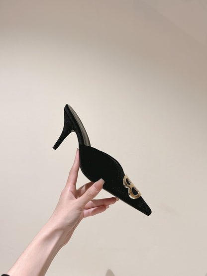 POINTED BB GOLD BUCKLE HIGH MULES IN BLACK VELVET