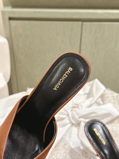 POINTED BB GOLD BUCKLE HIGH MULES IN BROWN RUST SILK
