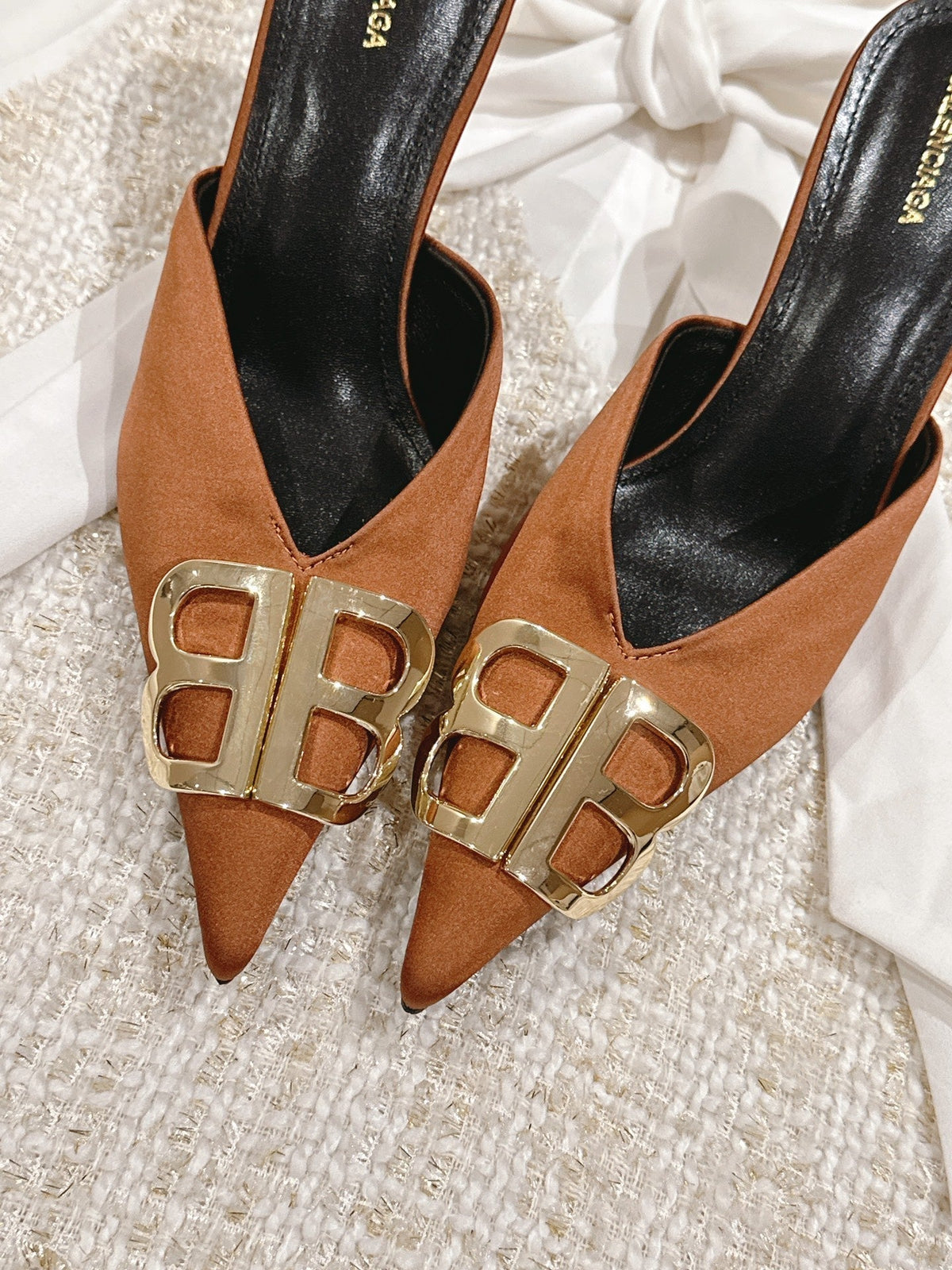 POINTED BB GOLD BUCKLE HIGH MULES IN BROWN RUST SILK