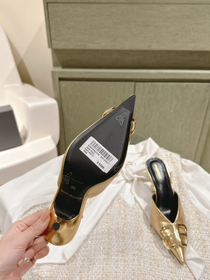 POINTED BB GOLD BUCKLE HIGH MULES IN GOLD METALLIC CALFSKIN