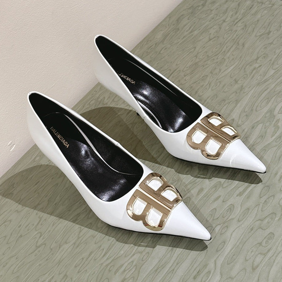 POINTED BB GOLD BUCKLE HIGH PUMPS 85MM IN WHITE PATENT CALFSKIN
