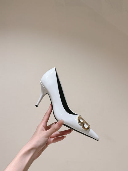 POINTED BB GOLD BUCKLE HIGH PUMPS 85MM IN WHITE PATENT CALFSKIN