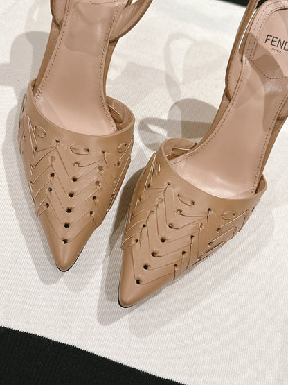 FENDI FIRST HIGH-HEELED SLINGBACK 85 MM IN TUSCAN TAN LAMBSKIN GOLD HARDWARE