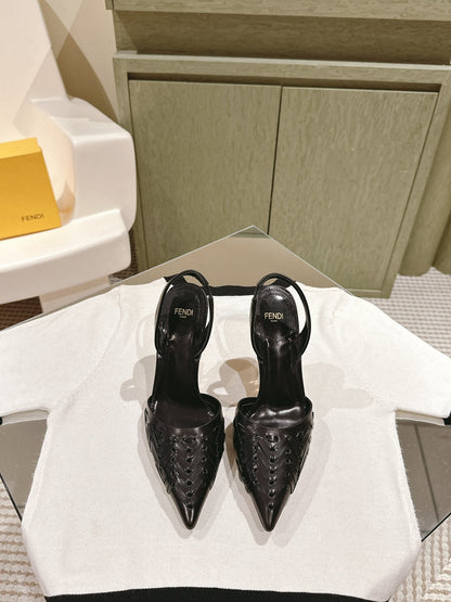FENDI FIRST HIGH-HEELED SLINGBACK 85 MM IN BLACK LAMBSKIN GOLD HARDWARE