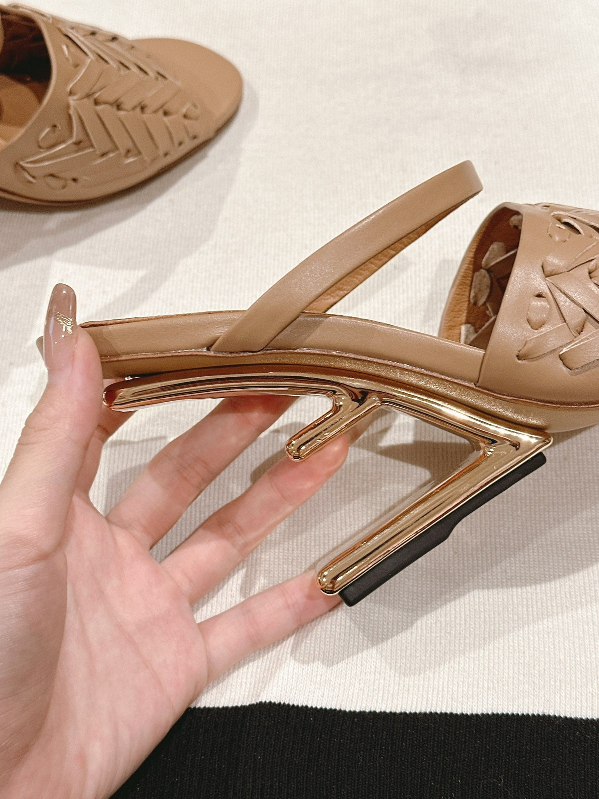 FENDI FIRST HIGH-HEELED SANDALS 85 MM IN TUSCAN TAN LAMBSKIN GOLD HARDWARE