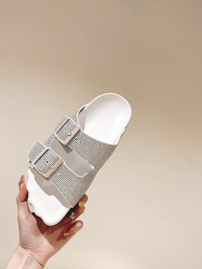 BIRKENSTOCK SLIPPERS ATTACHED RHINESTONES IN WHITE CALFSKIN