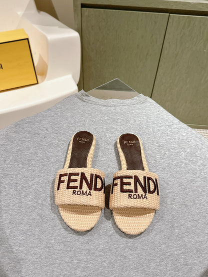 FENDI SIGNATURE MULE SLIDES IN BEIGE FIBRE WITH BROWN EMBROIDERED LOGO