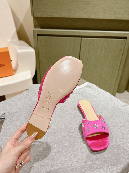 LV WOMEN FLAT MULE IN DEEP PINK SATIN WITH RHINESTONE