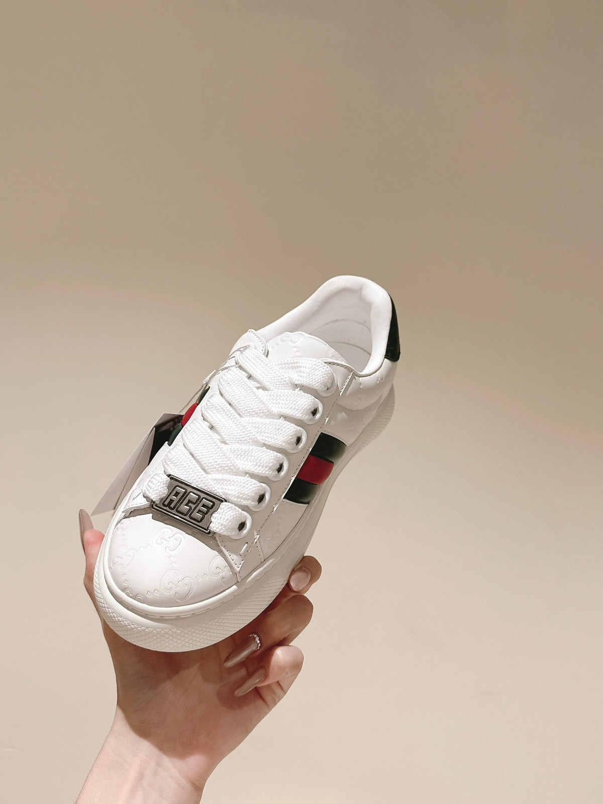 GG ACE SNEAKER WITH WEB IN WHITE EMBOSSED CALFSKIN