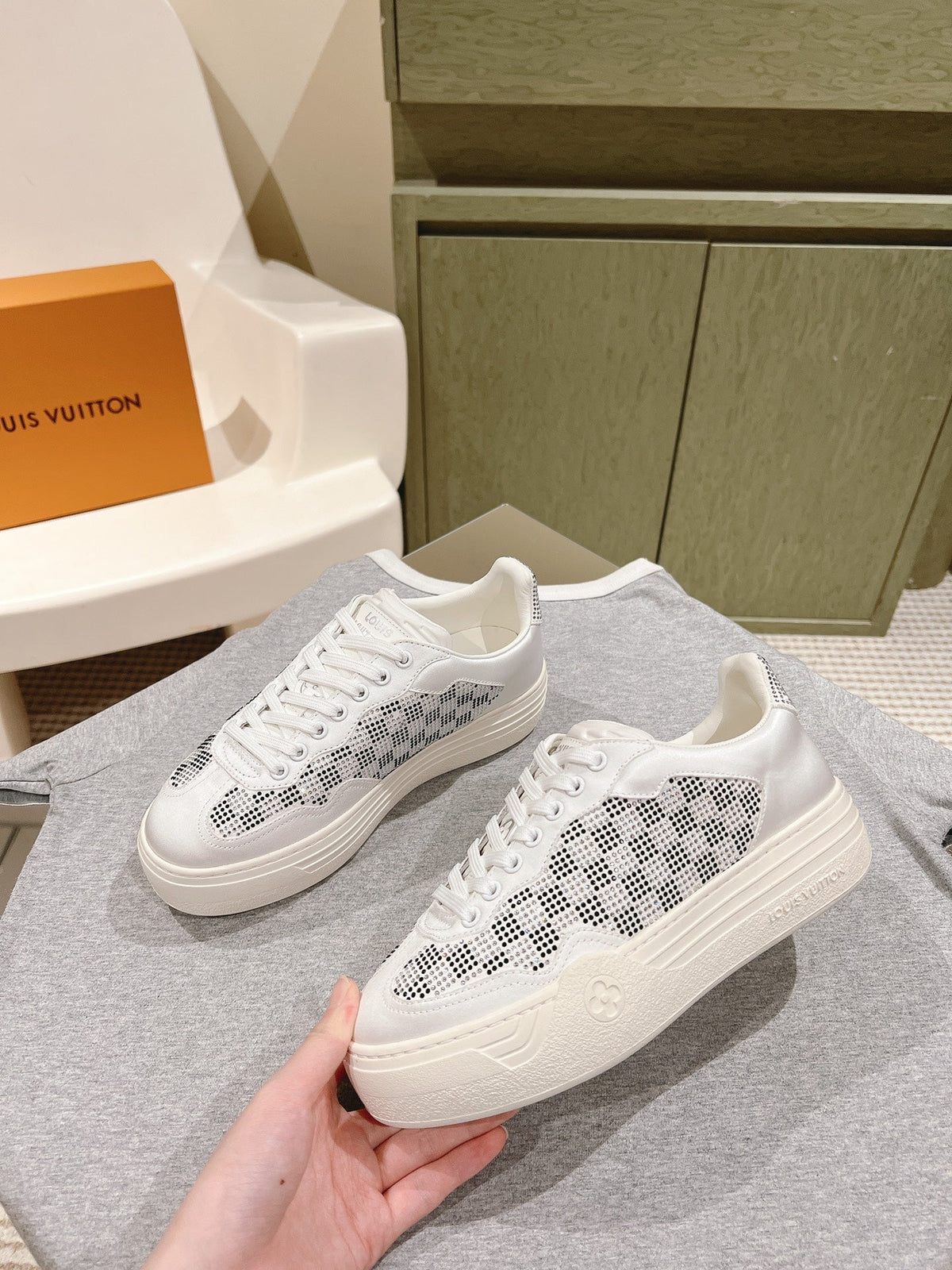 LV GROOVY SNEAKER IN WHITE MIX BLACK DAMIER STRASS AND CALFSKIN