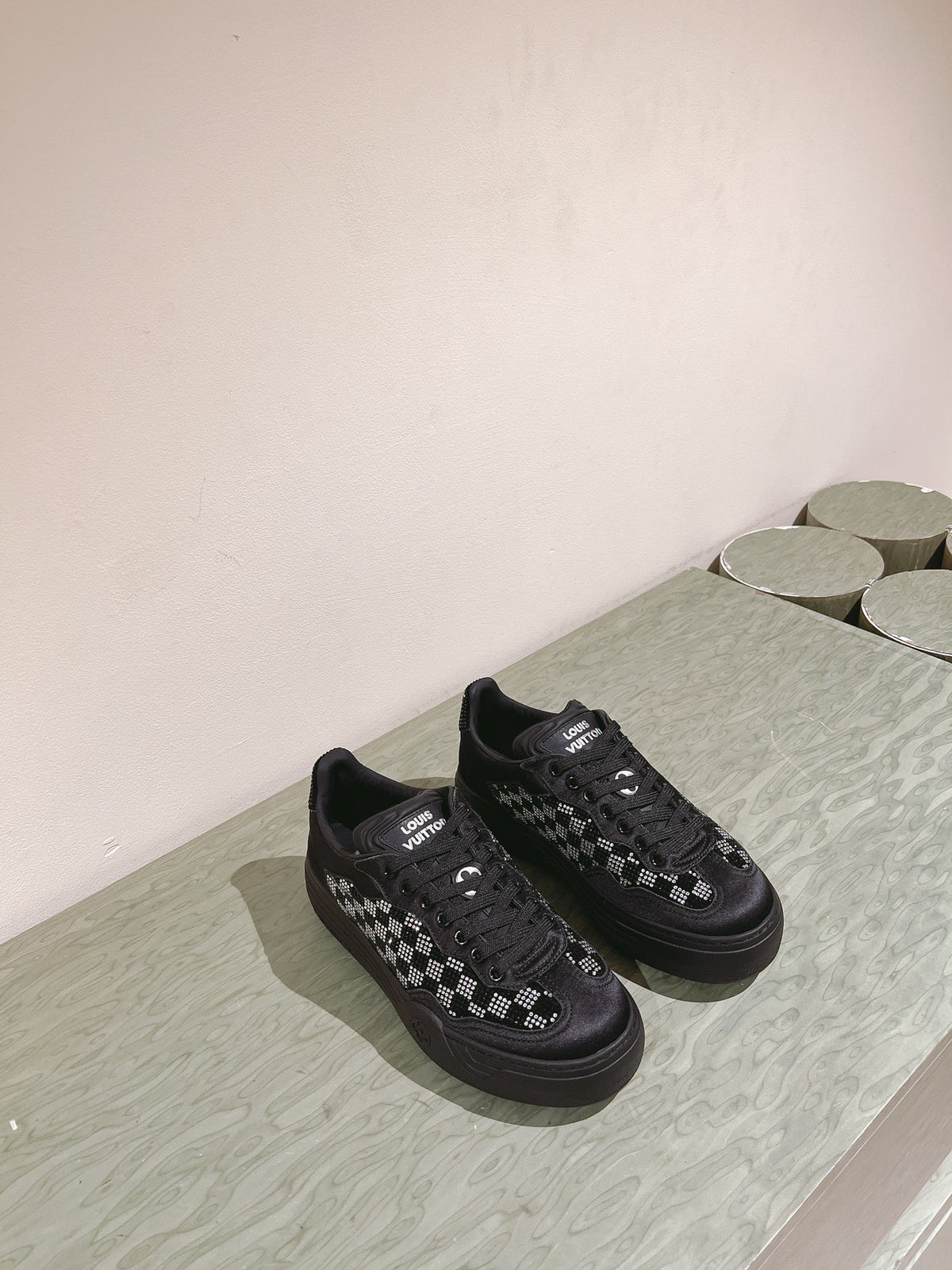 LV GROOVY SNEAKER IN BLACK DAMIER STRASS AND CALFSKIN