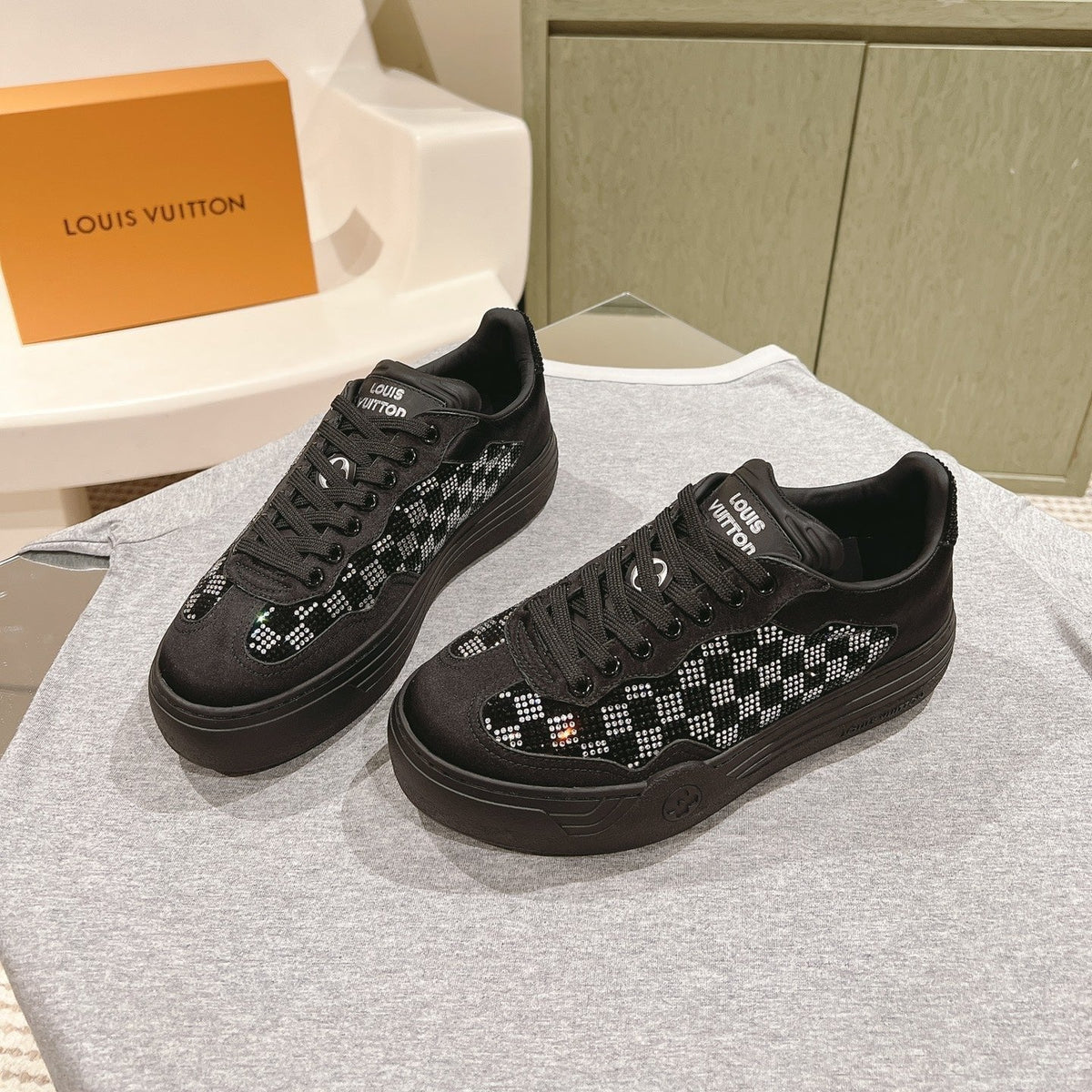 LV GROOVY SNEAKER IN BLACK DAMIER STRASS AND CALFSKIN
