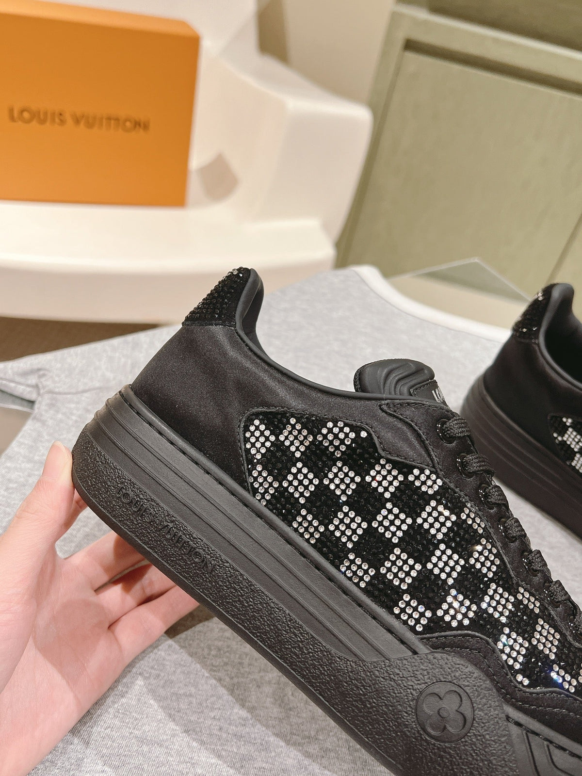 LV GROOVY SNEAKER IN BLACK DAMIER STRASS AND CALFSKIN