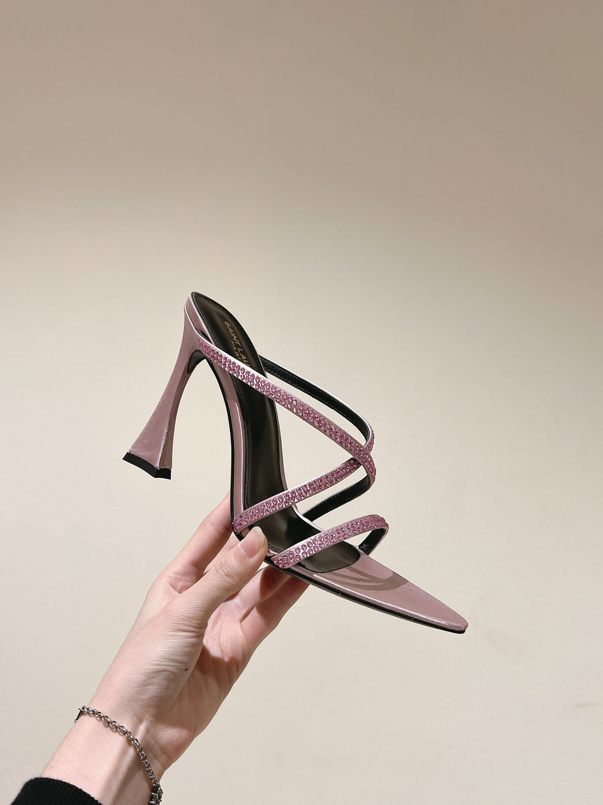 HIGH HEEL MULE 10 CM IN BABY PINK SATIN WITH RHINESTONES