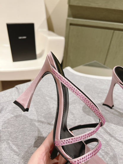 HIGH HEEL MULE 10 CM IN BABY PINK SATIN WITH RHINESTONES