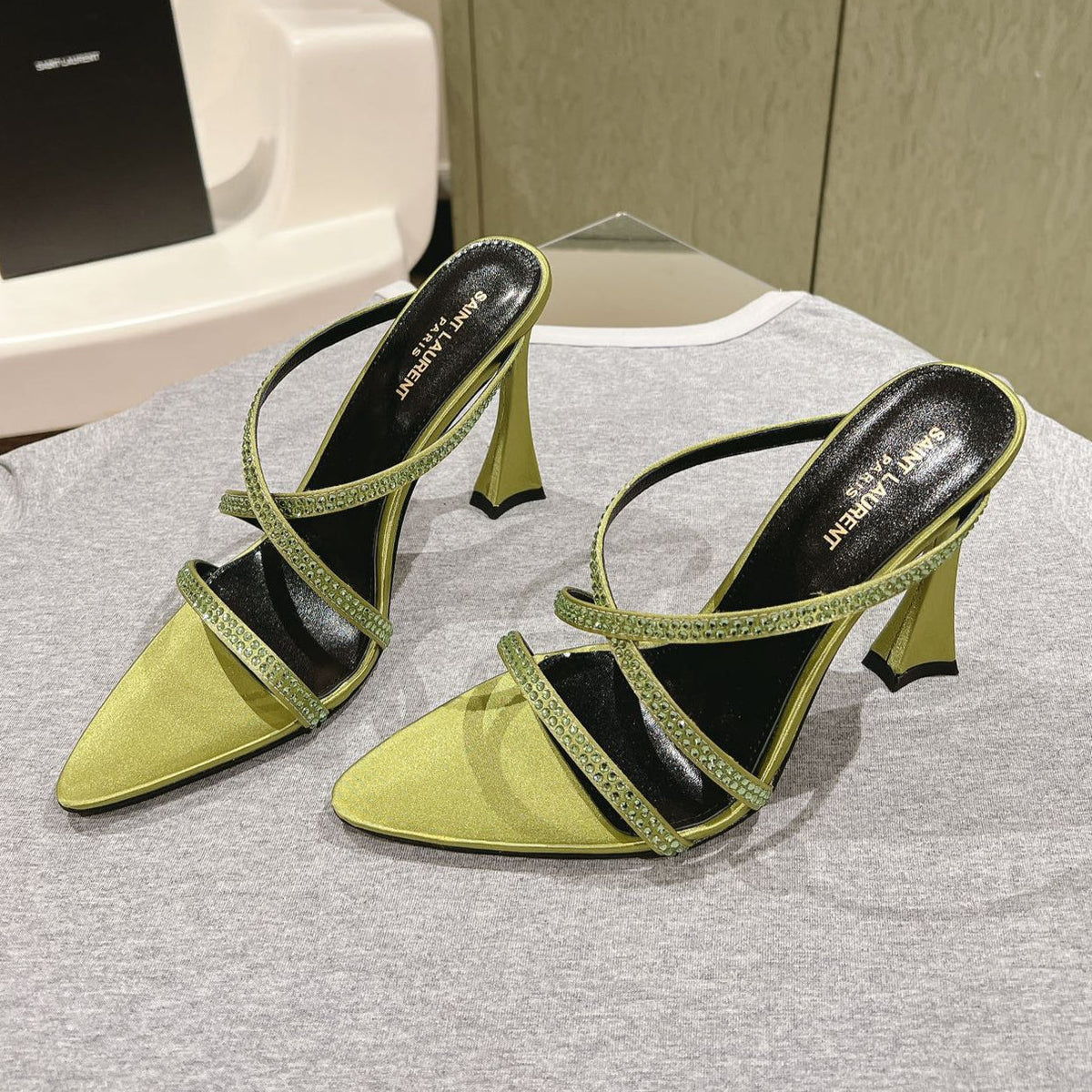 HIGH HEEL MULE 10 CM IN OLIVE GREEN SATIN WITH RHINESTONES
