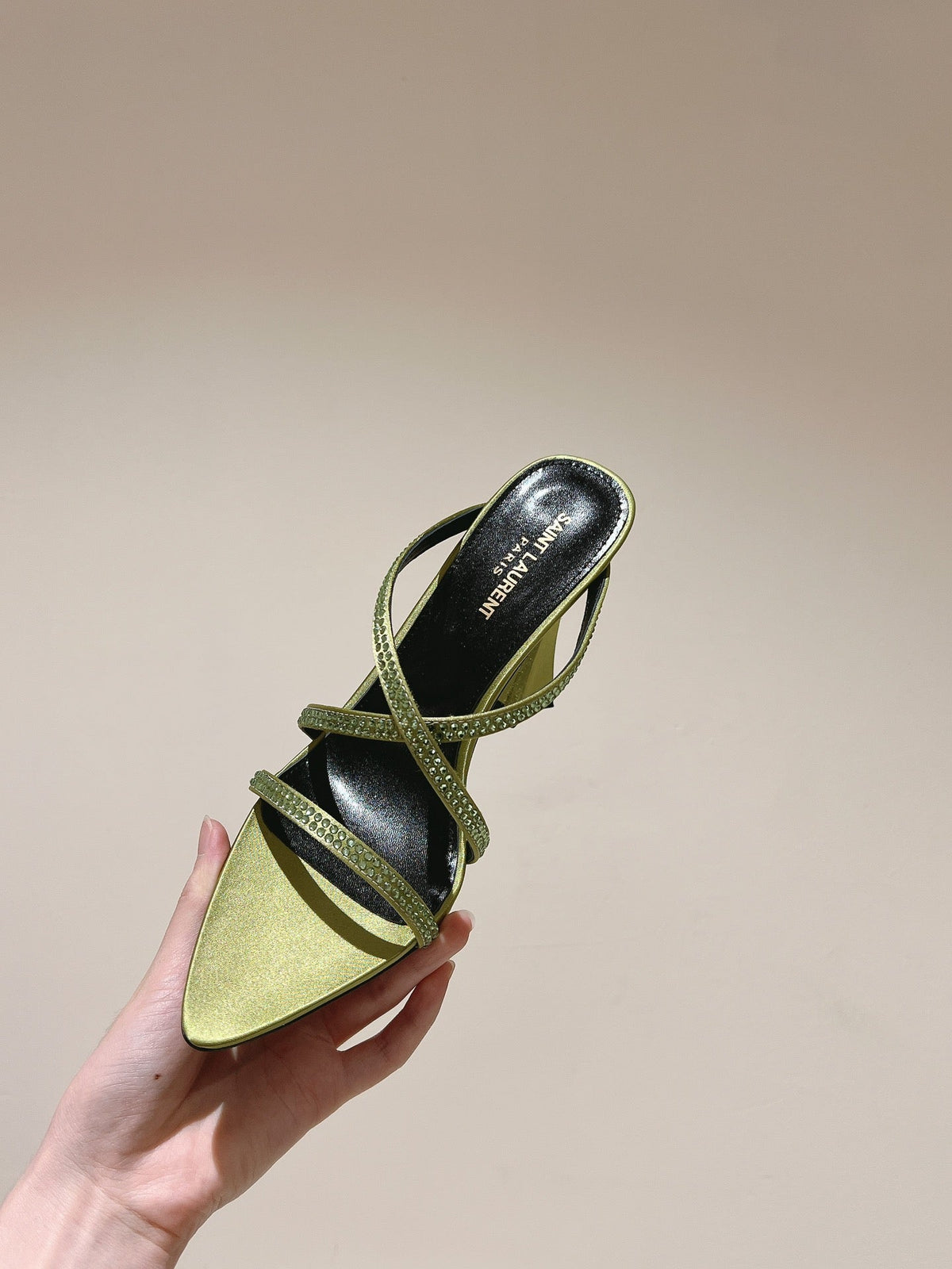 HIGH HEEL MULE 10 CM IN OLIVE GREEN SATIN WITH RHINESTONES