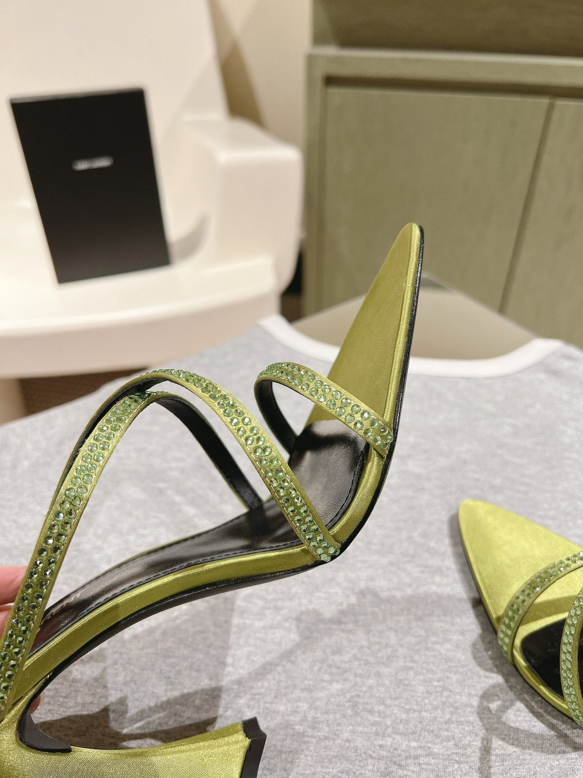 HIGH HEEL MULE 10 CM IN OLIVE GREEN SATIN WITH RHINESTONES