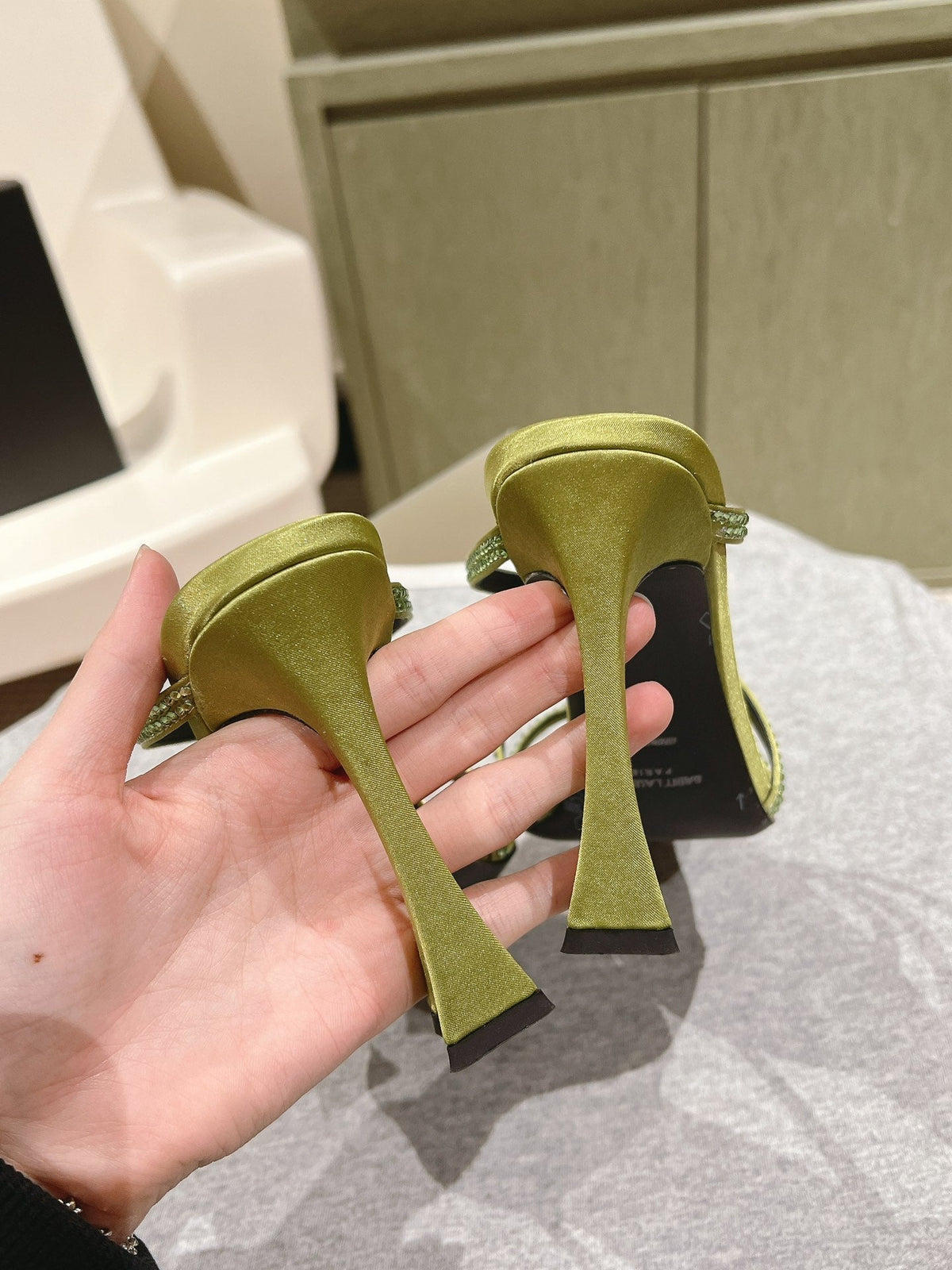 HIGH HEEL MULE 10 CM IN OLIVE GREEN SATIN WITH RHINESTONES