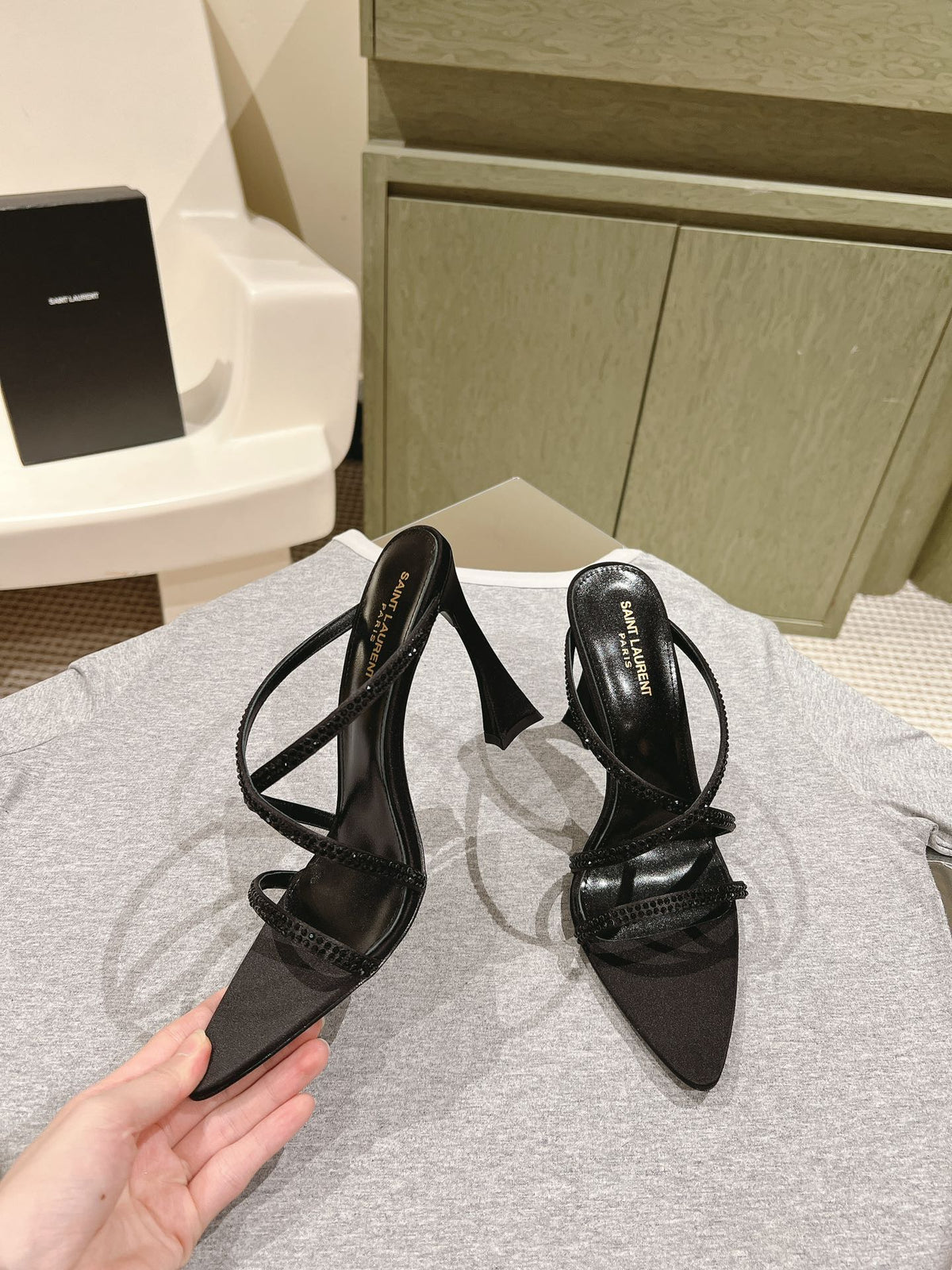 HIGH HEEL MULE 10 CM IN BLACK SATIN WITH RHINESTONES
