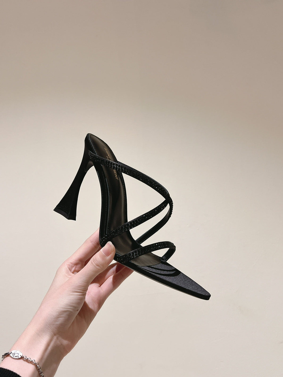 HIGH HEEL MULE 10 CM IN BLACK SATIN WITH RHINESTONES