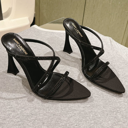 HIGH HEEL MULE 10 CM IN BLACK SATIN WITH RHINESTONES