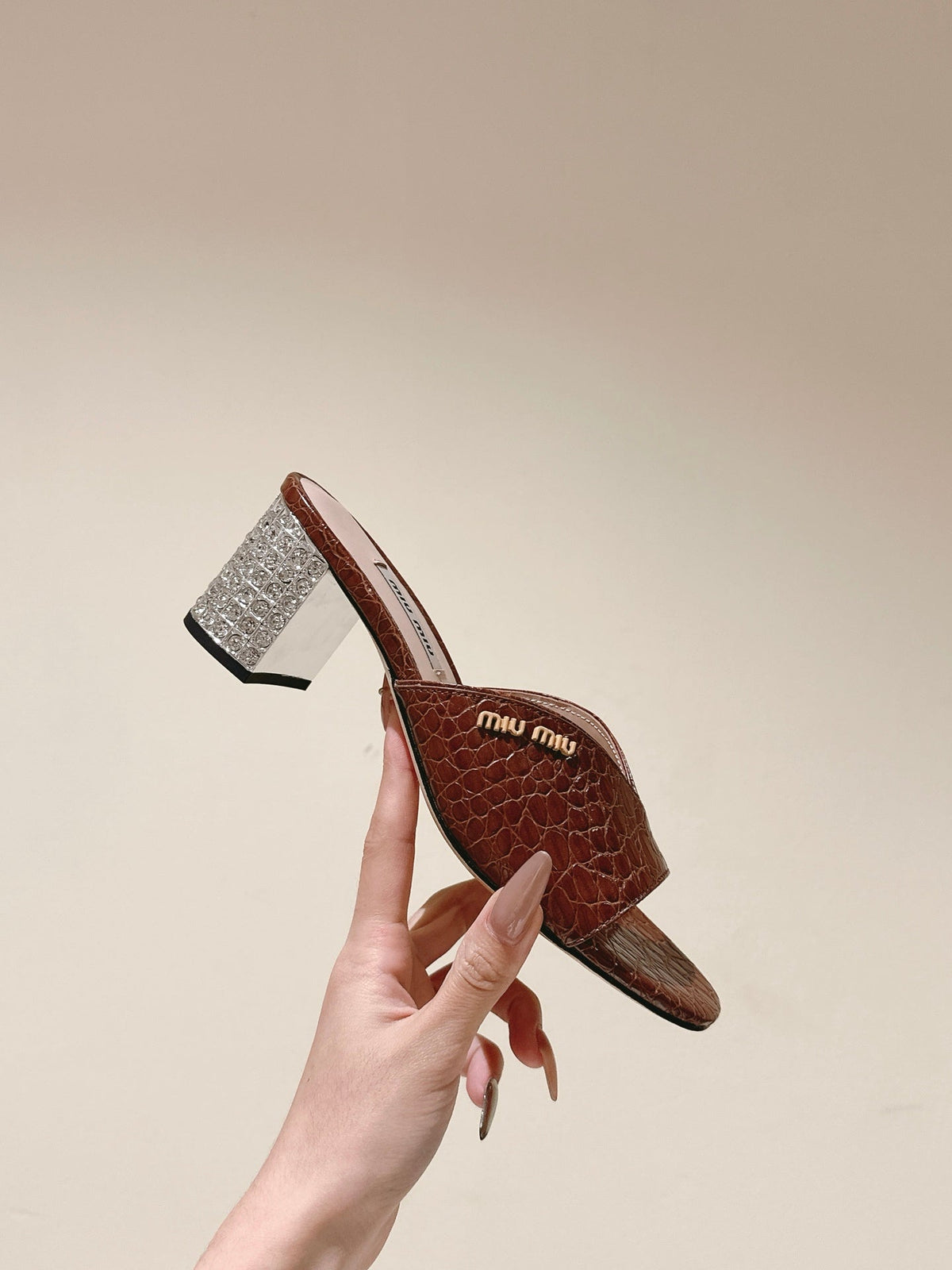 JEWELLED HEEL 55 MULE SANDALS IN RUSET BROWN CALFSKIN
