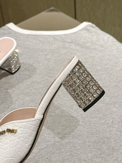 JEWELLED HEEL 55 MULE SANDALS IN WHITE CALFSKIN