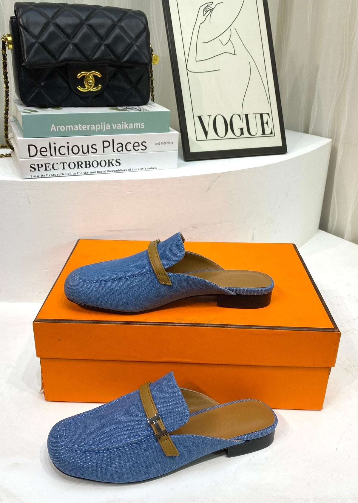 IENA MULE LAPIS CANVAS AND CARAMEL CALFSKIN