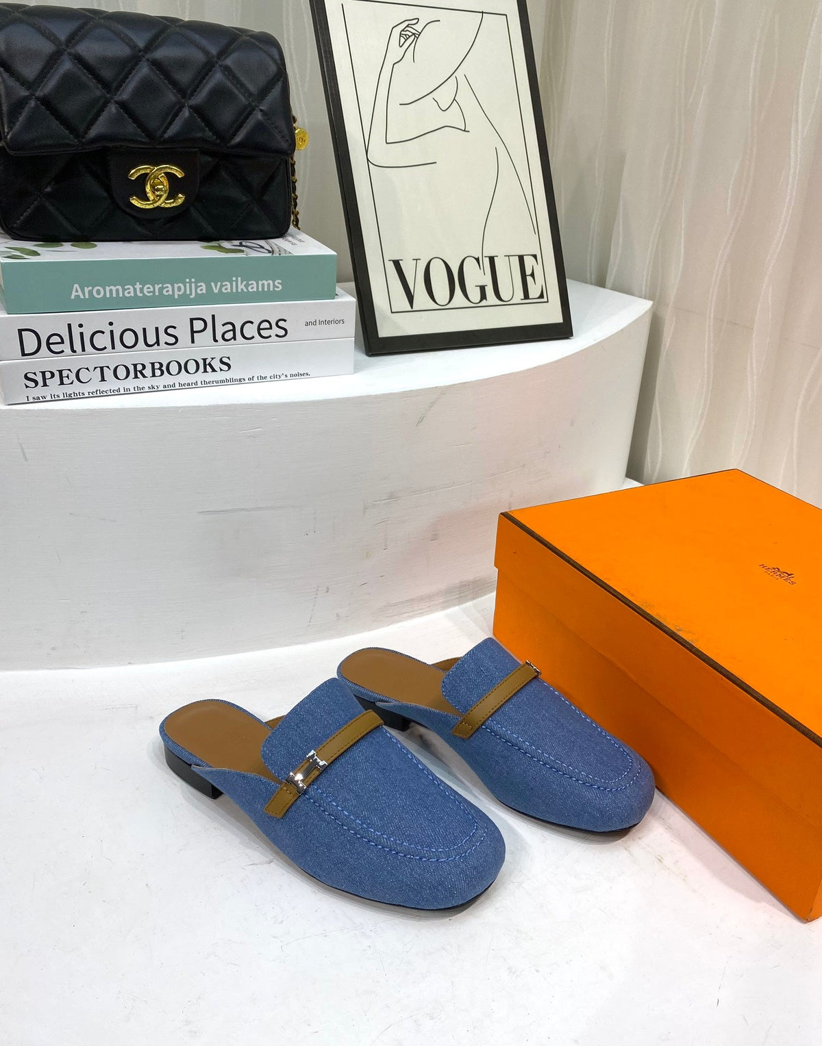 IENA MULE LAPIS CANVAS AND CARAMEL CALFSKIN
