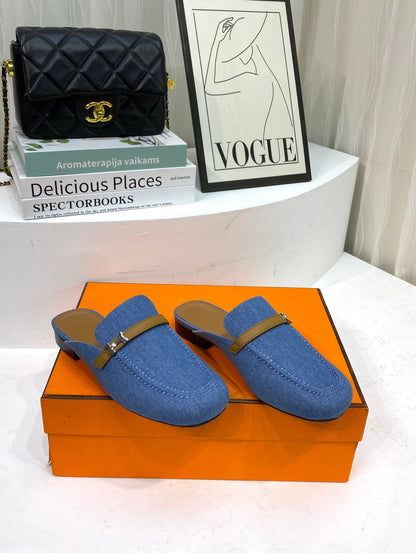 IENA MULE LAPIS CANVAS AND CARAMEL CALFSKIN