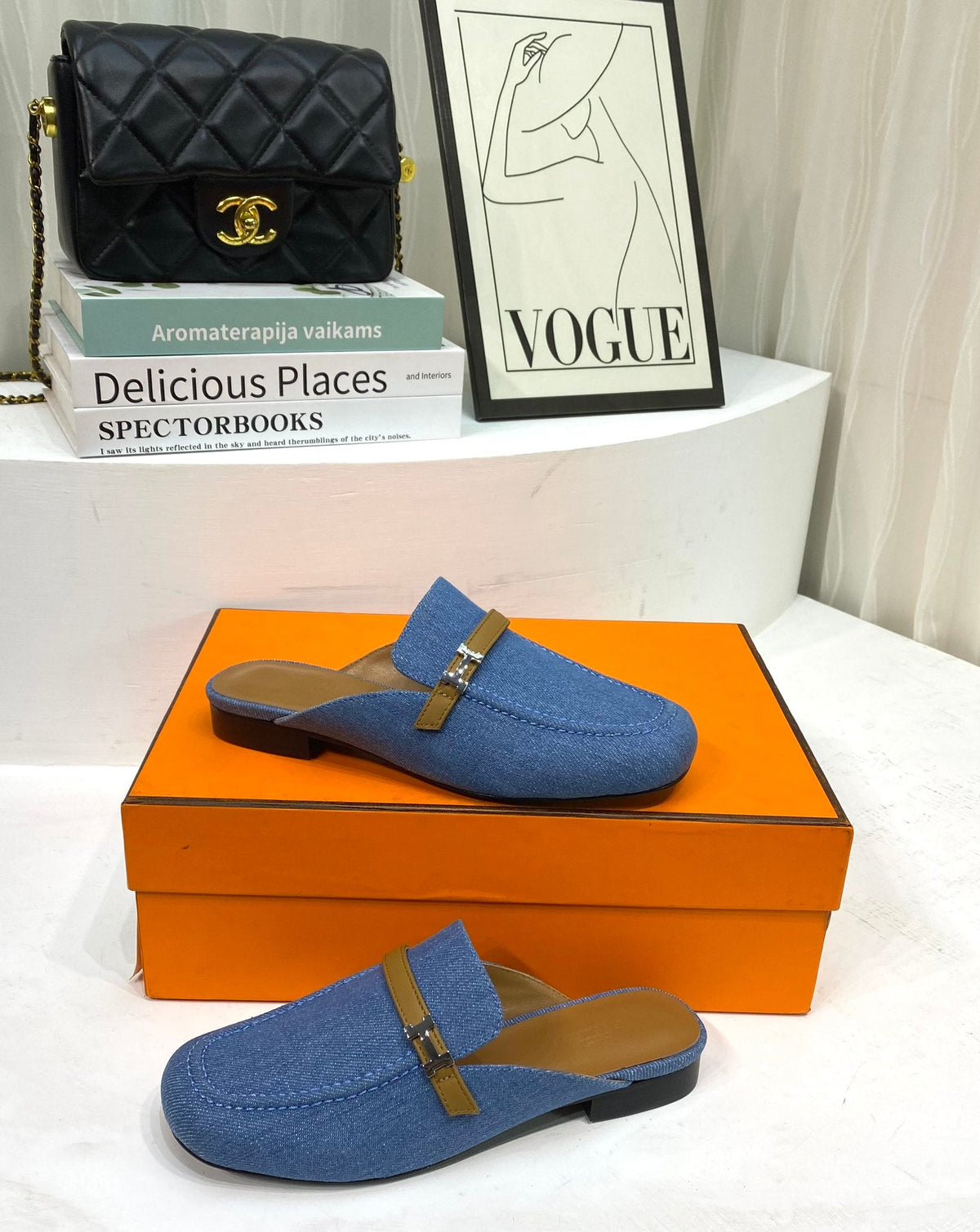 IENA MULE LAPIS CANVAS AND CARAMEL CALFSKIN