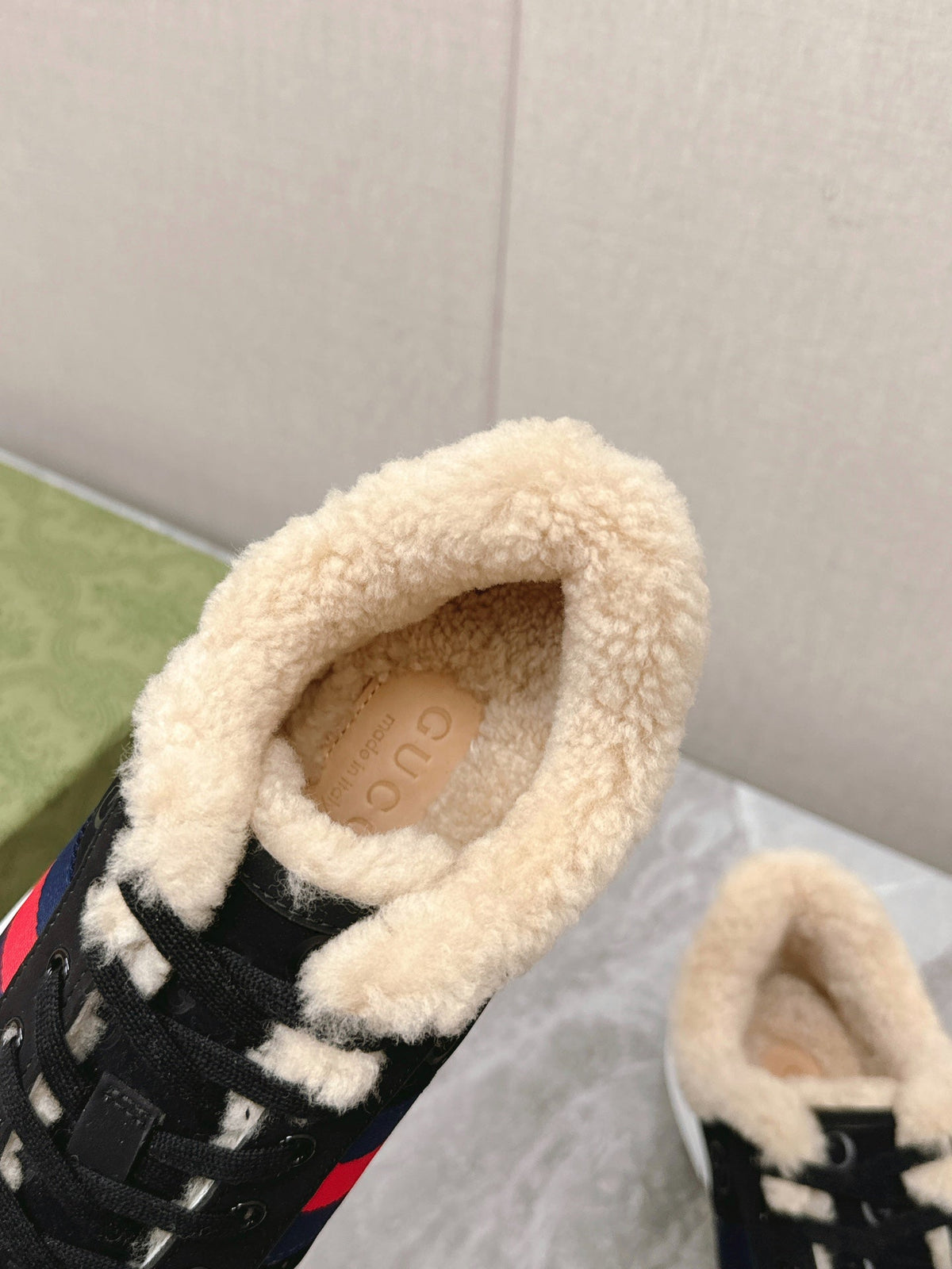 GG ACE SNEAKER WITH WEB IN BLACK EMBOSSED SUEDE AND WOOL LINING