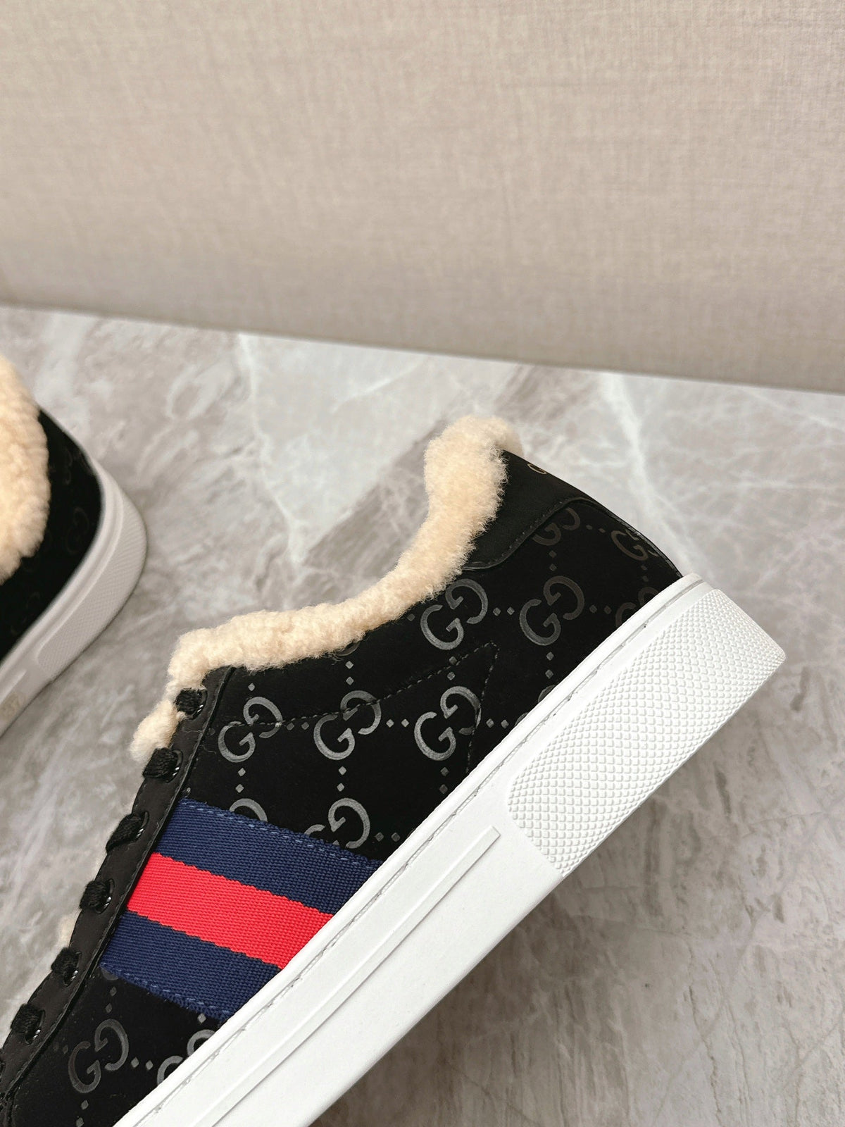 GG ACE SNEAKER WITH WEB IN BLACK EMBOSSED SUEDE AND WOOL LINING