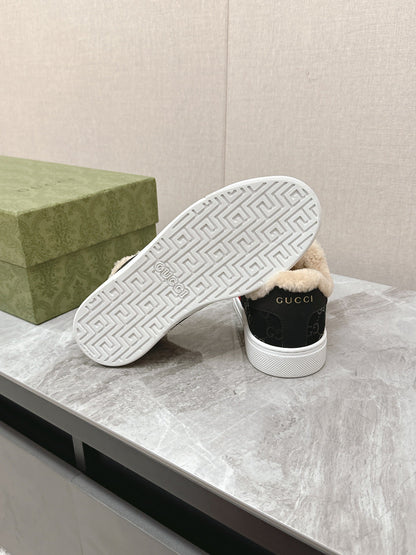 GG ACE SNEAKER WITH WEB IN BLACK EMBOSSED SUEDE AND WOOL LINING