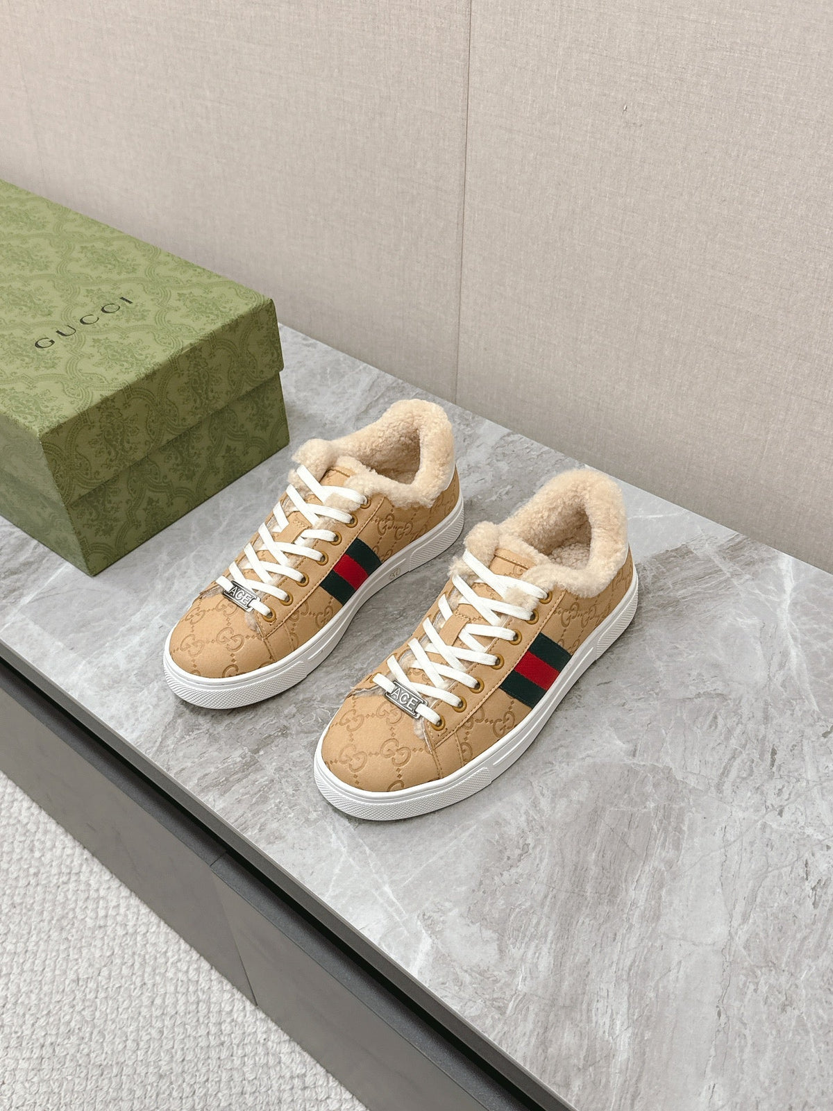 GG ACE SNEAKER WITH WEB IN BEIGE EMBOSSED SUEDE AND WOOL LINING