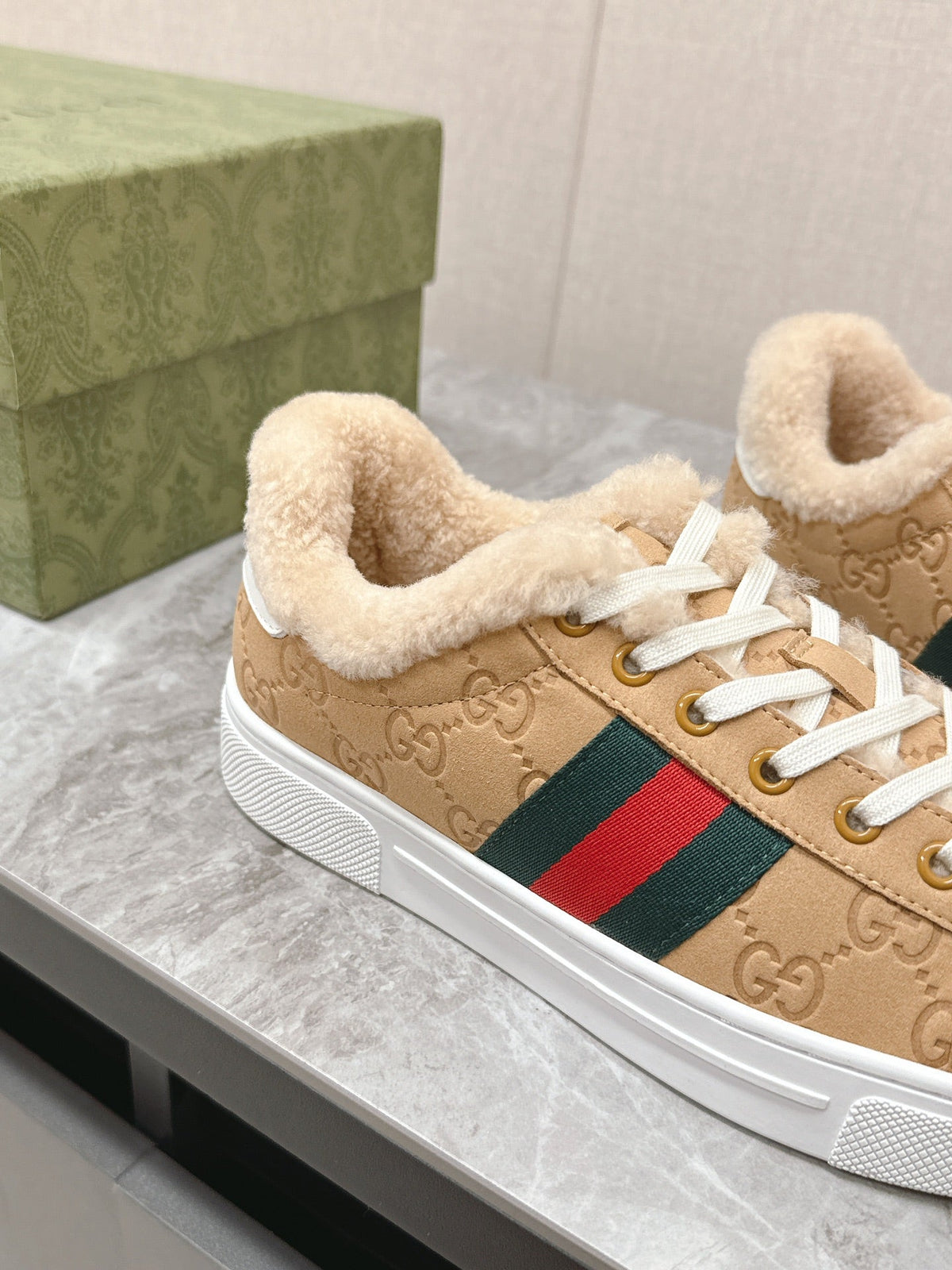 GG ACE SNEAKER WITH WEB IN BEIGE EMBOSSED SUEDE AND WOOL LINING