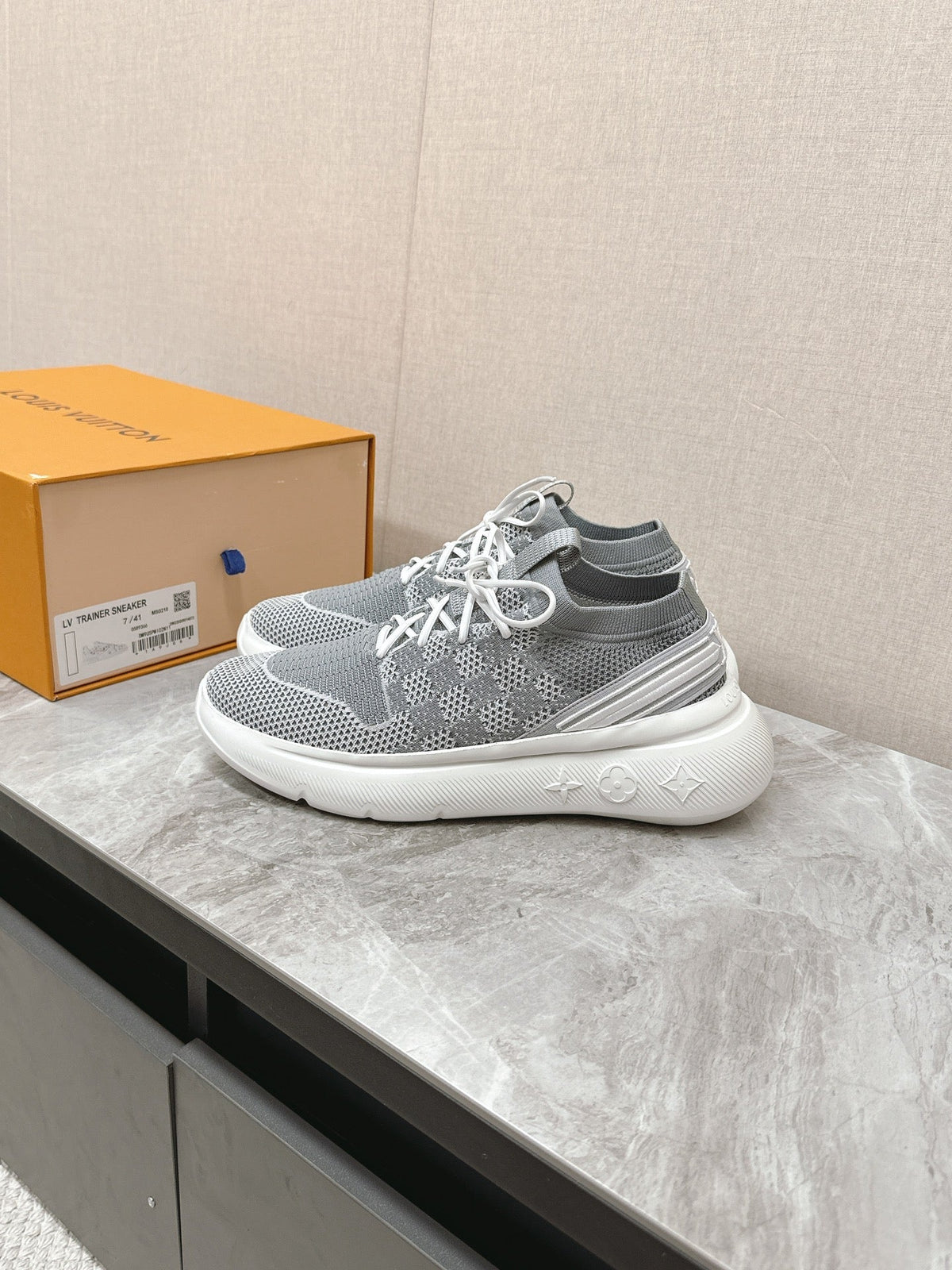 SNEAKERS IN DOVE GRAY DAMIER ELASTIC FABRIC
