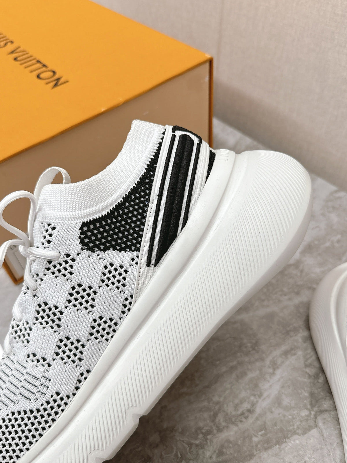 SNEAKERS IN WHITE DAMIER ELASTIC FABRIC