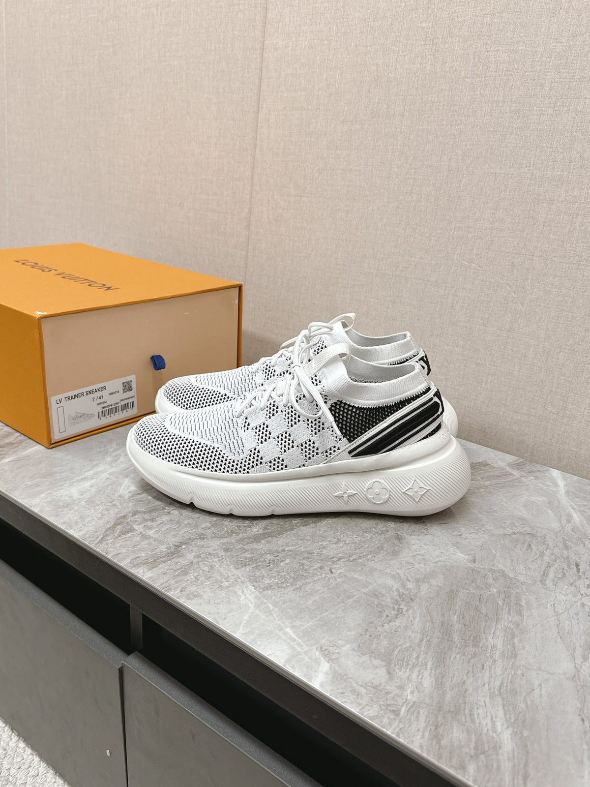 SNEAKERS IN WHITE DAMIER ELASTIC FABRIC