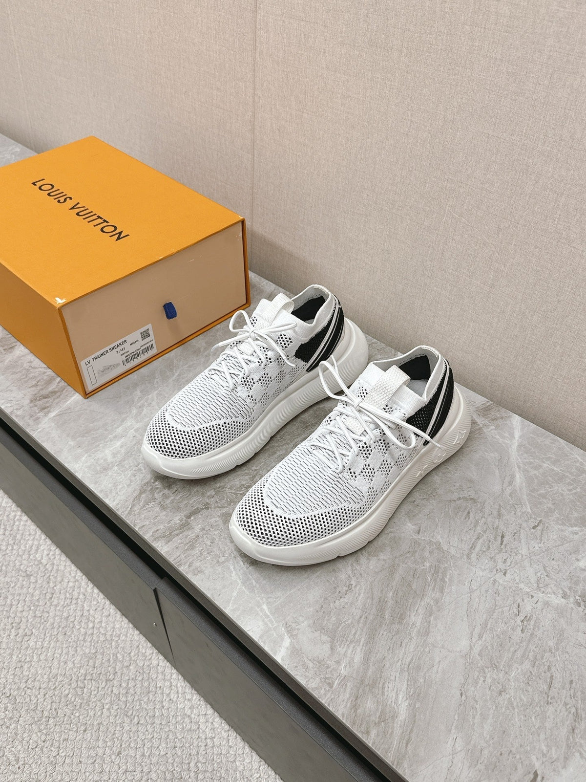 SNEAKERS IN WHITE DAMIER ELASTIC FABRIC